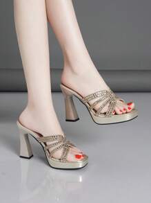 Women's Summer New High Heel Sandals, Thick Heel Waterproof Platform Metal Decor Transparent Open Toe Slides