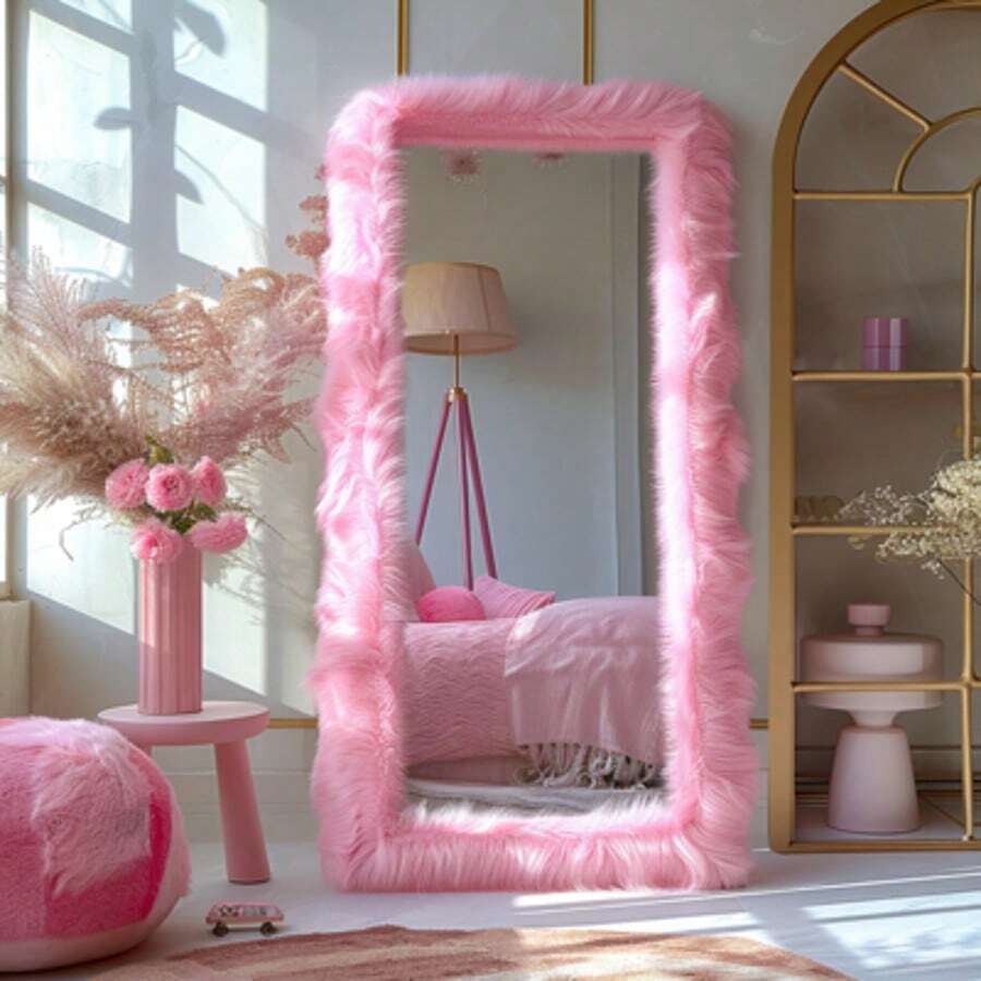 Melodieux Full Length Mirror 63"X24" Free Standing Furry Floor Mirror Chic  Faux Fur Framed Wall Mounted Full Body Mirror Leaning Hanging Wall Mirror For Bedroom Entrance - 粉色 - 查看 1
