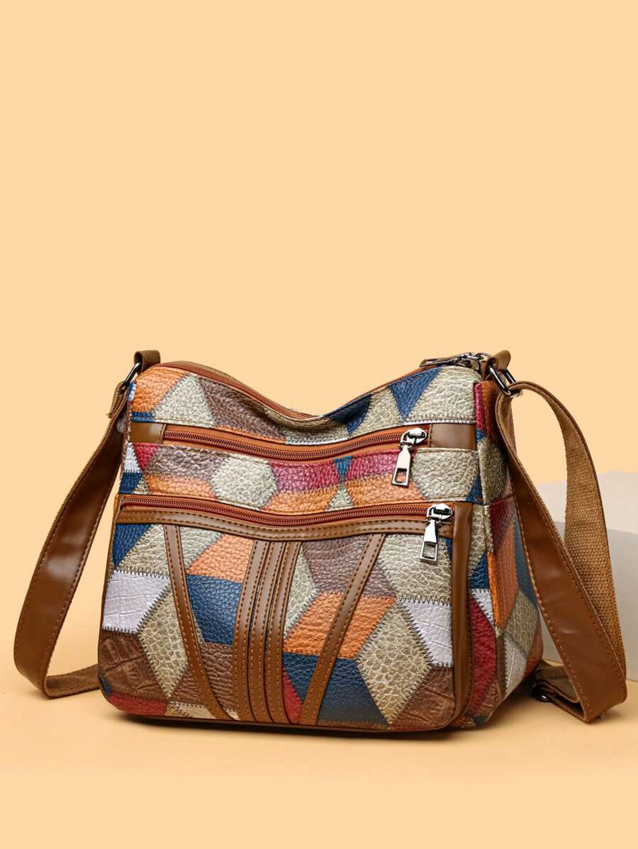 Tas Selempang Wanita Gaya Bohemian, Motif Kotak-kotak Warna, Retro, Kapasitas Besar, Banyak Kantong, Cocok untuk Komuter, dan Tali Bahu yang Dapat Disesuaikan.