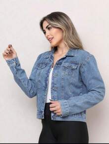 Women's Short Denim Jacket - 淺色水洗藍 - 查看 2