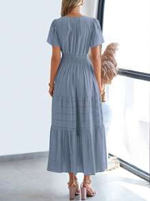 Womens Summer Maxi Dresses Short Sleeve High Waist Tiered Flowy A-Line Boho Bohemian Beach Long Dress Holiday Vacation Beach Valentine Long Dress Outfit - 藍灰色 - 查看 2