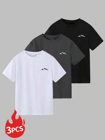 3 pièces/Ensemble T-shirts à col ras du cou à manches courtes avec imprimé graphique, décontracté pour préadolescents. Hauts d'été