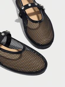 女士芭蕾舞网面鞋，夏季款，水钻装饰，圆头，时尚百搭，适合搭配裙子，黑色、白色网面 - 黑色 - 查看 3