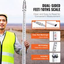 Aluminum Grade Rod, 3/4/6 Sections Telescopic Measuring Rod, Double-Sided Scale 1/10ft 1/8in Leveling Rod Stick,Aluminum Alloy Survey Rod With Bubble Level &Carrying Bag For Houses,Walls,Floors - 20-feet/10ths - View 2