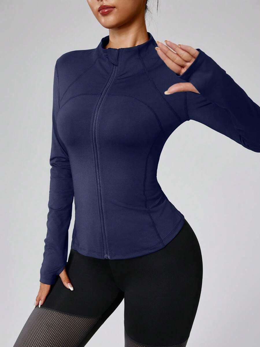 Jaket Olahraga Wanita Lengan Panjang Warna Polos dengan Resleting, Potongan Ramping dengan Manset Lubang Jempol, Cocok untuk Kebugaran, Yoga, Lari, dan Olahraga Musim Semi - Royal Blue - View 1