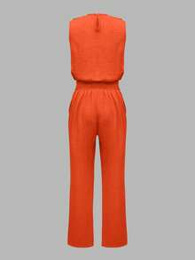 Women's Fashionable Casual Elegant Sleeveless Camisole Top And Pants With Oblique Pockets & Button Detail, 2 Pieces Set