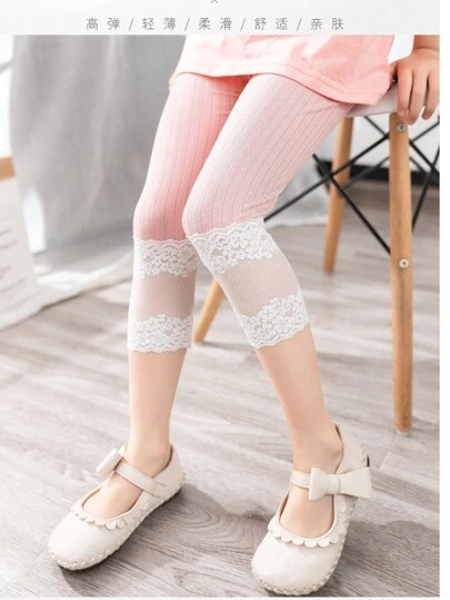 1 件女童 3/4 蕾丝边打底裤，可爱百搭，适合休闲、运动、舞蹈、春夏季