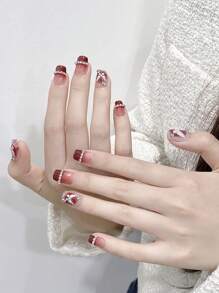 YADORNOS 10 piezas Uñas postizas cortas en forma de ataúd, de acrílico prensado a mano, con diamante, en color borgoña con diseño de mariposa francés, brillos y perlas, de estilo retro, con pegamento de gelatina y lima de uñas, suministros de manualidades de arte de uñas DIY