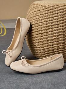 Women's Square Toe Ballet Flats With Bow Decor, Casual Versatile Black Flat Shoes For All Seasons - Apricot - View 4