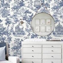 1 卷复古乙烯基自粘墙纸，优雅的蓝色乡村和花卉景观设计，防水、可移除、不粘接触纸、无缝接缝，易于应用于家庭装饰、厨房、卧室、客厅和家具翻新