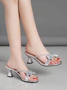 Sandales à talons hauts pour femmes, talon épais, bout ouvert, décoration avec nœud papillon et strass