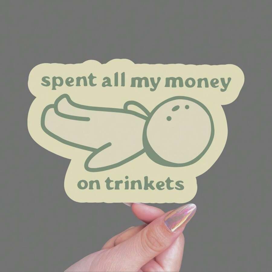 Miếng dán vinyl ngộ nghĩnh "Spent All My Money On Trinkets" - Thiết kế Smiski màu xanh lá cây dễ thương, lý tưởng cho máy tính xách tay, bình nước, câu lạc bộ sách & hỗ trợ sức khỏe tâm thần, đồ dùng học tập, trở lại trường - Nhiều màu - Xem 1