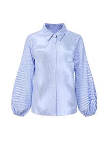 女士条纹灯笼袖休闲衬衫，舒适日常穿着，适合户外散步、毕业季、独立日 - 藍色 - 查看 4