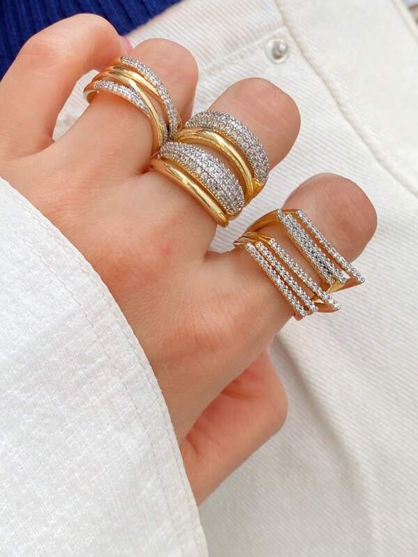 خاتم مطلي بالذهب عيار 18 قيراط من النحاس مزين بأحجار الزركونيا، تصميم عتيق قابل للتكديس، مقاس مفتوح