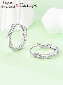 1 对女士优雅镀银/镀白金环形耳环，高品质闪亮锆石镶嵌编织图案珠宝礼物，适合日常、派对、宴会配饰 - 銀色 - 查看 8