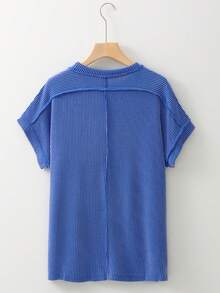 Acelitt 纯色休闲宽松针织纹理条纹圆领短袖T恤，夏季