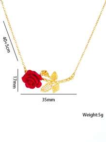 1 件新款时尚法式浪漫红玫瑰花项链，女士，酒红色，微镶嵌锆石花卉吊坠颈链 - 項鍊 - 查看 4