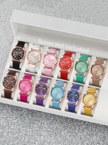 Juego de 12 piezas: Relojes de pulsera de cuarzo de moda casual con esfera de números romanos y correa de color caramelo para mujeres (No incluye la caja del reloj) - Multicolor - Ver 1