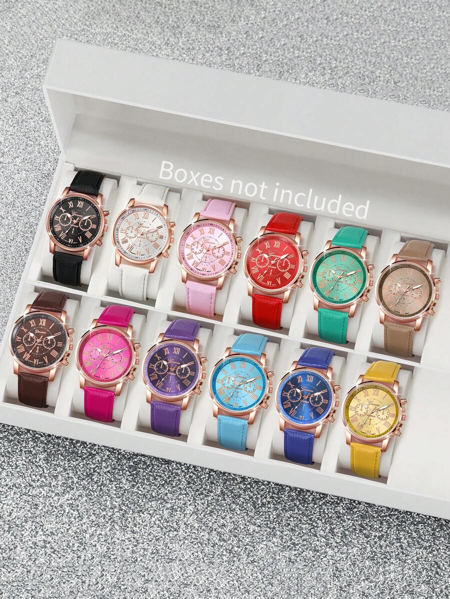 Juego de 12 piezas: Relojes de pulsera de cuarzo de moda casual con esfera de números romanos y correa de color caramelo para mujeres (No incluye la caja del reloj) - Multicolor - Ver 1
