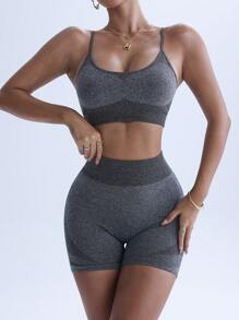 女式两件套运动套装罗纹U领可调节肩带运动文胸和高腰短裤
