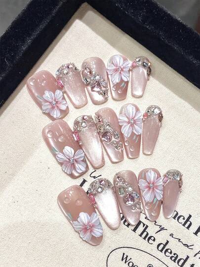 YADORNOS 10pcs Pink Cat Eye 3D Flower Dew Drops Crushed Diamond Handmade Acrylic Press On Nails, Spring And Summer Hand-Painted Flowers Tender Sweet Short Coffin And Long Almond Full Cover False Nails With Jelly Glue And Nail File, Back To School Home DIY Nail Art Supplies