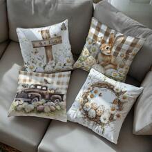 4 件套复活节格子兔子和鸡蛋抱枕套套装，单面桃色天鹅绒面料，45 * 45 厘米/18 * 18 英寸枕套，适用于现代简约沙发客厅装饰、礼物、派对装饰 - 彩色 - 查看 8