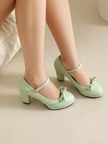 Nuovi decolleté primaverili con tacco alto e fiocco in stile Lolita dolce, scarpe con tacco squadrato eleganti e con cinturino in stile accademico, per donne - Verde - Visualizzare 5