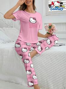 Sanrio Set abbigliamento da casa Hello Kitty Sanrio da 2 pezzi: top a maniche corte con scollo rotondo e pantaloni, set pigiama comodo con stampa di lettere a cartoni animati