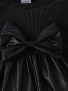 2pcs Baby Girls' Simple Black Ribbed & Faux Leather Patchwork Cap Sleeve Dress With Bow Headband