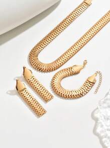 4pcs Mid-East Style Simple Wide Chain Necklace & Bracelet Jewelry Set, Fashion Punk Creative - Yellow Gold - View 3