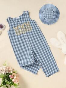 2pcs Baby Girls' Casual Easter Bunny Plaid Jumpsuit & Cap Set - Blue - View 3