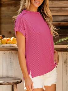 Acelitt Summer Casual Plain Loose Knit Textured Stripe Round Neck Short Sleeve T-Shirt - Hot Pink - View 4