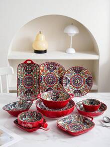 طقم أواني طعام سيراميكية بأسلوب بوهيمي، بألوان حمراء وزرقاء، وبأنماط نردية ورجعية من الزهور، أطقم أوانٍ وأطباق راقية مناسبة للفنادق والمطاعم والمطبخ المنزلي والاحتفالات والهدايا للزفاف، بتصاميم متنوعة من وعاء الأرز وطبق الحساء وصحن الطعام والصينية الكبيرة والمستلزمات المدرسية - الأزرق - مشاهدة 5