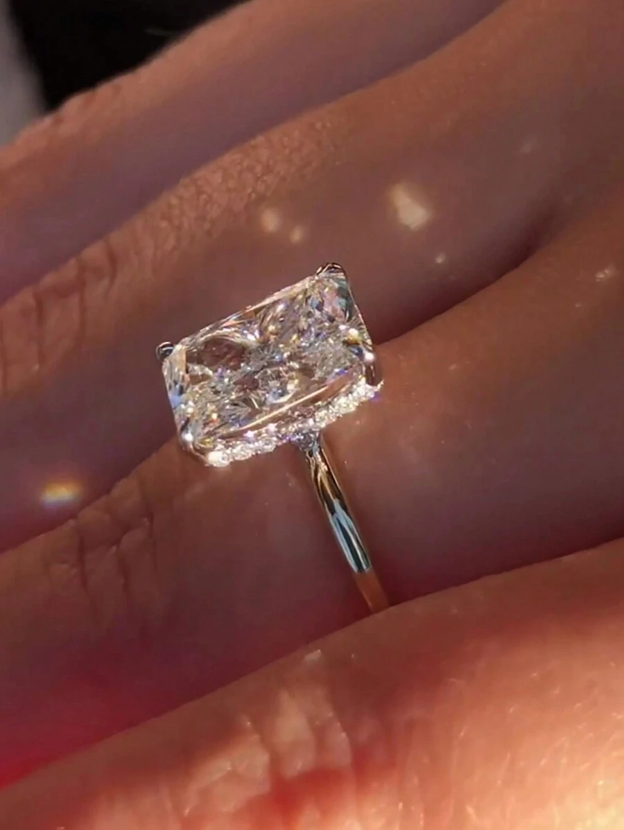 Nhẫn đính hôn đá Cubic Zirconia trắng cắt giác tinh xảo, trang sức cầu hôn thời trang dành cho nữ, nhẫn kim cương đơn, quà tặng sinh nhật, kỷ niệm, ngày Valentine. - Bạc - Xem 1