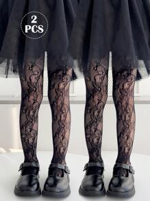 2 件女童和幼儿花卉提花紧身裤，黑白纯色，玫瑰花朵网眼无脚紧身裤，可爱的学院风无脚裤，适合日常穿着，搭配裙子、短裤、鞋子，开学季 - 彩色 - 查看 12