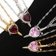 Set de 2 collares con colgante de corazón y espada de circonita, chapado en plata y oro, para mujer y hombre, pareja