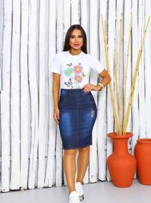 Saia jeans evangélica com detalhe bordado