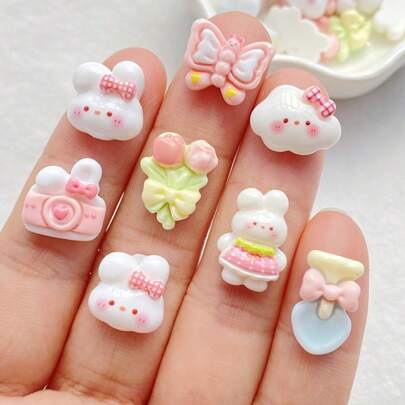 10/30 件生动树脂迷你可爱卡通兔子、花束、蝴蝶装饰 - 平面水钻，适用于美甲、剪贴簿、DIY 工艺品配件和家居装饰、复活节装饰