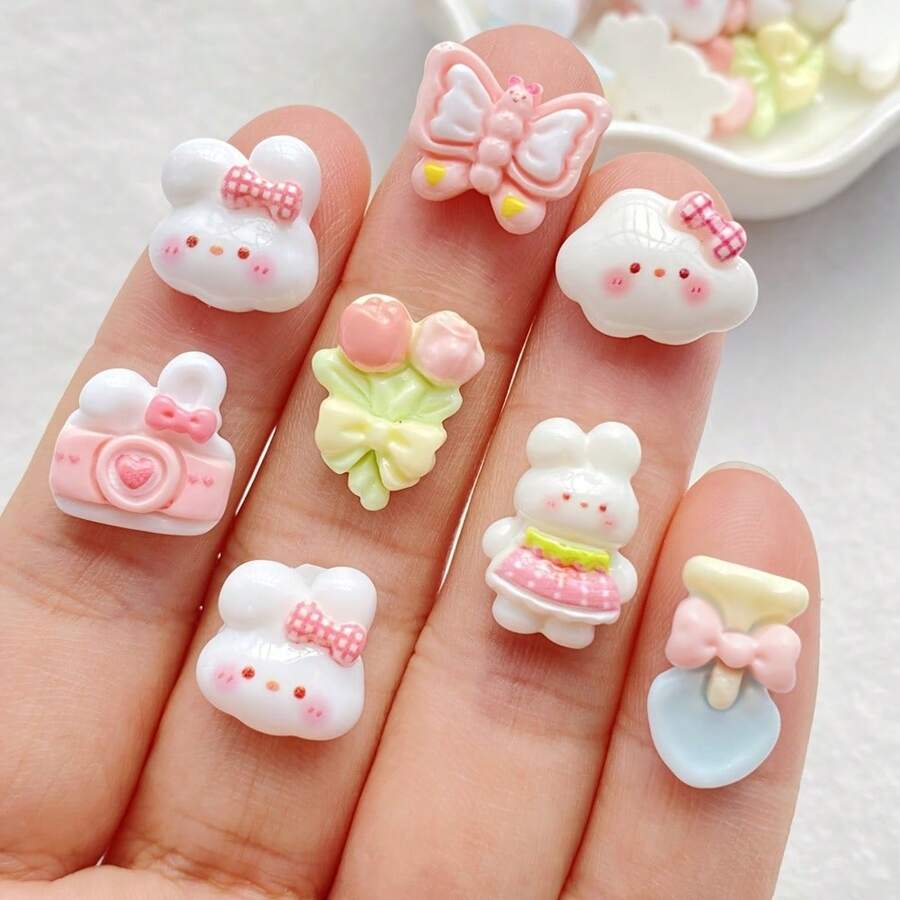 10/30 chiếc đồ trang trí mini bằng nhựa màu sắc sống động hình thỏ, bó hoa, bướm hoạt hình dễ thương - Mặt phẳng, thích hợp cho sổ lưu niệm, đồ dùng thủ công DIY và các dự án trang trí nhà cửa, trang trí lễ Phục sinh. - Nhiều màu - Xem 1