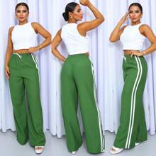 Striped Palazzo Pants - 橄欖綠 - 查看 1