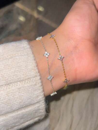 1pc Elegant Floral Zirconia Bracelet, 925 Sterling Silver Chain Bracelet For Women, Exquisite Jewelry Gift, Sisterhood & Daily Accessory