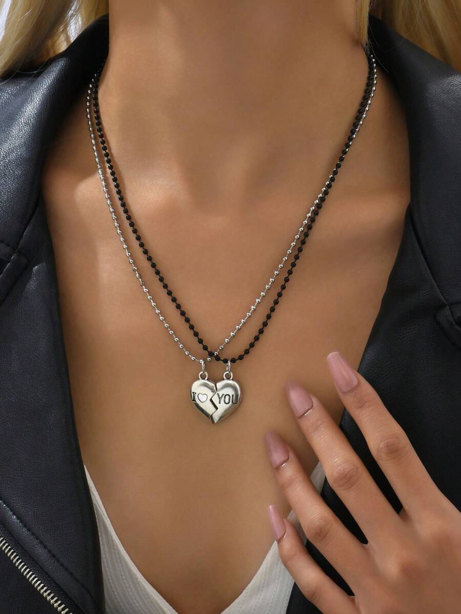 2 piezas Collar con colgante de corazón romántico, regalo de pareja para fiestas y uso diario - Multicolor - Ver 1