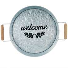 13inch Galvanized Round Tray W/Wooden Handles For Home, Office, Party, Wedding, Spa, Serving - Welcome - View 1