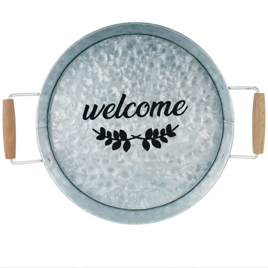 13inch Galvanized Round Tray W/Wooden Handles For Home, Office, Party, Wedding, Spa, Serving - Welcome - View 1
