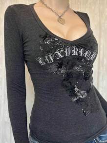 Womens Fairy Grunge T-Shirt Y2k Vintage V-Neck Long Sleeve Pullover Tops Slim Fitted Tops Aesthetic Clothes T-Shirt Graphic Tees Shirt E-Girl Streetwear Summer Spring Fall Basic Clothes Tops - 黑色 - 查看 3