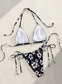 PEPPERMOLLY New Soft Fabric Printed Halter Tie-Up Elegant Party Bikini Set, Summer Beach Fashion Women Swimwear, Black - Black - View 2