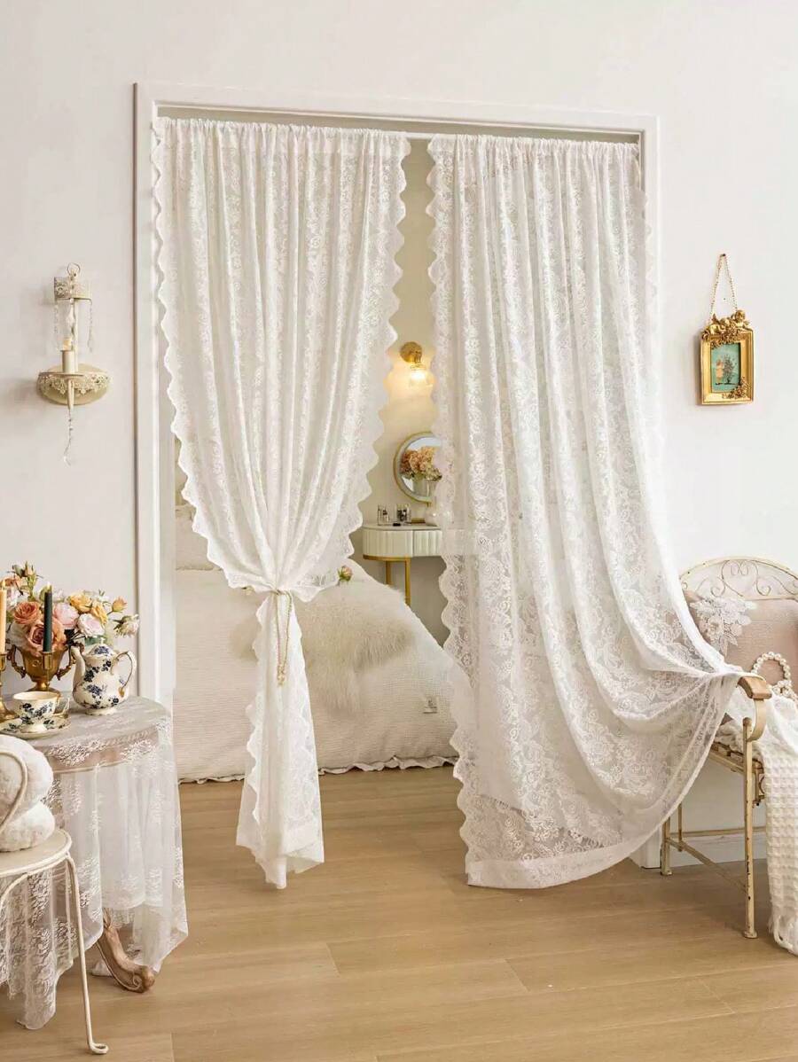 1pc Bohemian Style Double Layer Lace Voile Curtain, Rod Pocket Design For Easy Hanging, Soft Polyester Fabric, Available In Multiple Sizes To Suit Different Scenarios Such As Bedroom, Living Room