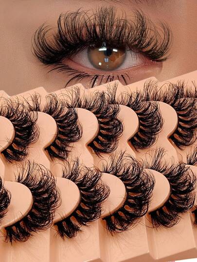  Asiteo 7 Pairs D Curl Luxury Fluffy Thick Dramatic Messy Faux Mink Reusable Soft Comfortable Strip Eyelashes