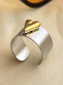 Minimalism Gold And Silver Color Large Heart Cocktail Ring Adjustable Y2k Heart Cuff Ring In Two-Tone Mixed Metals Jewelry - Gold - View 3