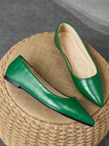 Women Snake Skin Pattern Casual Pointed Toe Flat Shoes, Red, Pink, Yellow, Grey, Burgundy, Olive Green, Navy, Brown, Versatile Slip-On Shoes - 綠色 - 查看 3